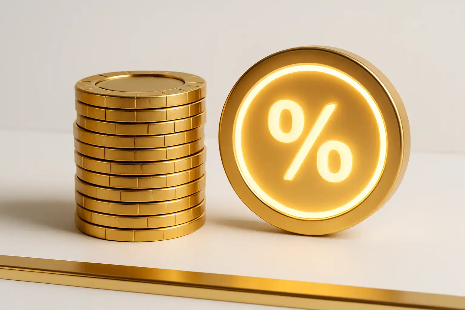 Stack of gold casino chips and a bonus percentage badge representing Spinloots Casino offers