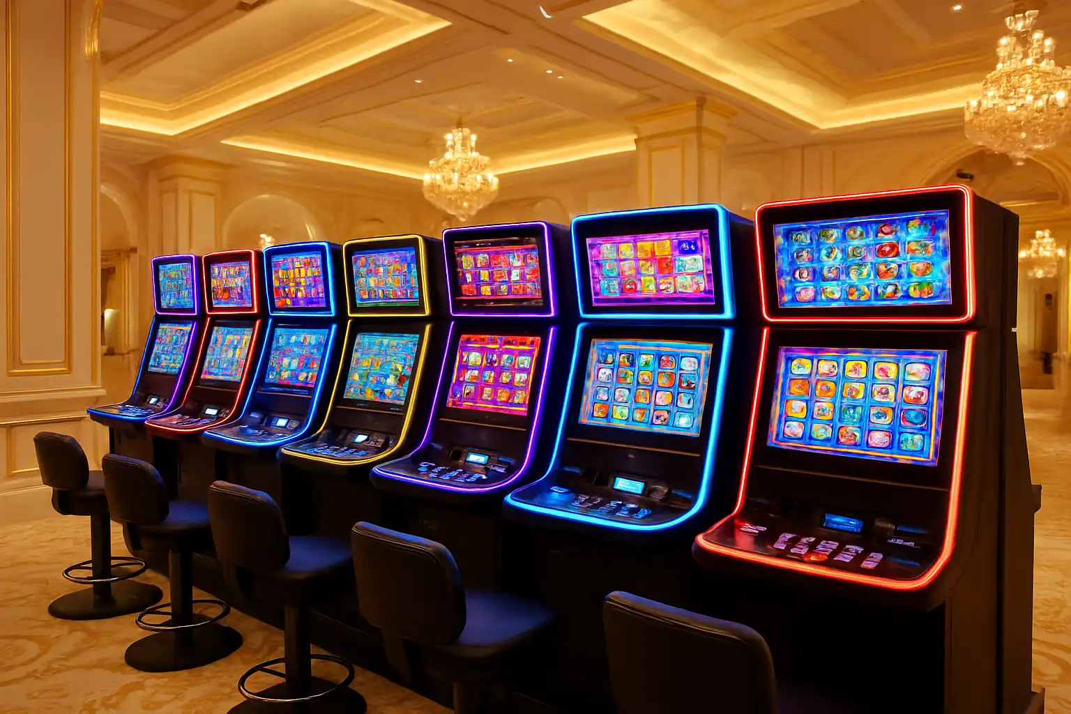 Rulli colorati di slot machine allineati nella lobby di gioco di Spinloots Casino